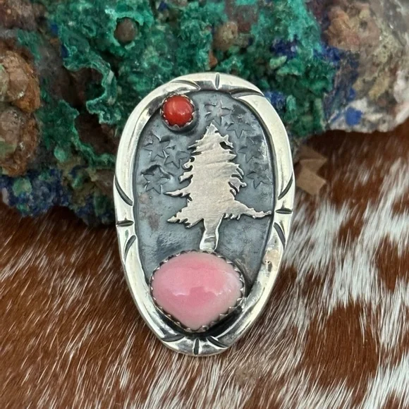 Pink conch coral tree country theme southwestern sterling silver ring